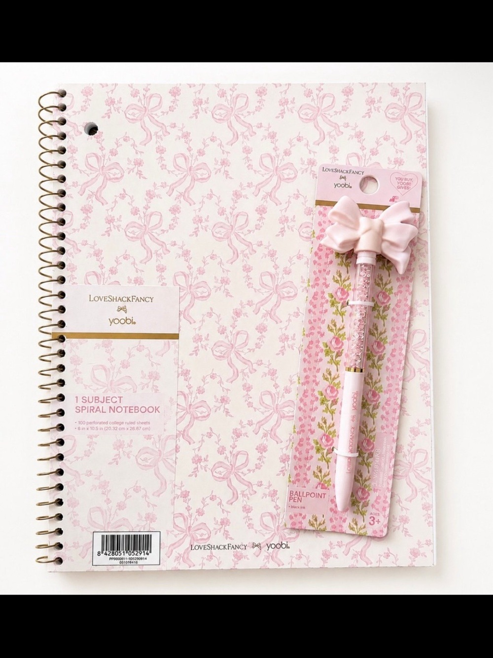 LoveShackFancy x Yoobi Spiral Notebook & Bow Pen Gift Set Pink NWT Coquette